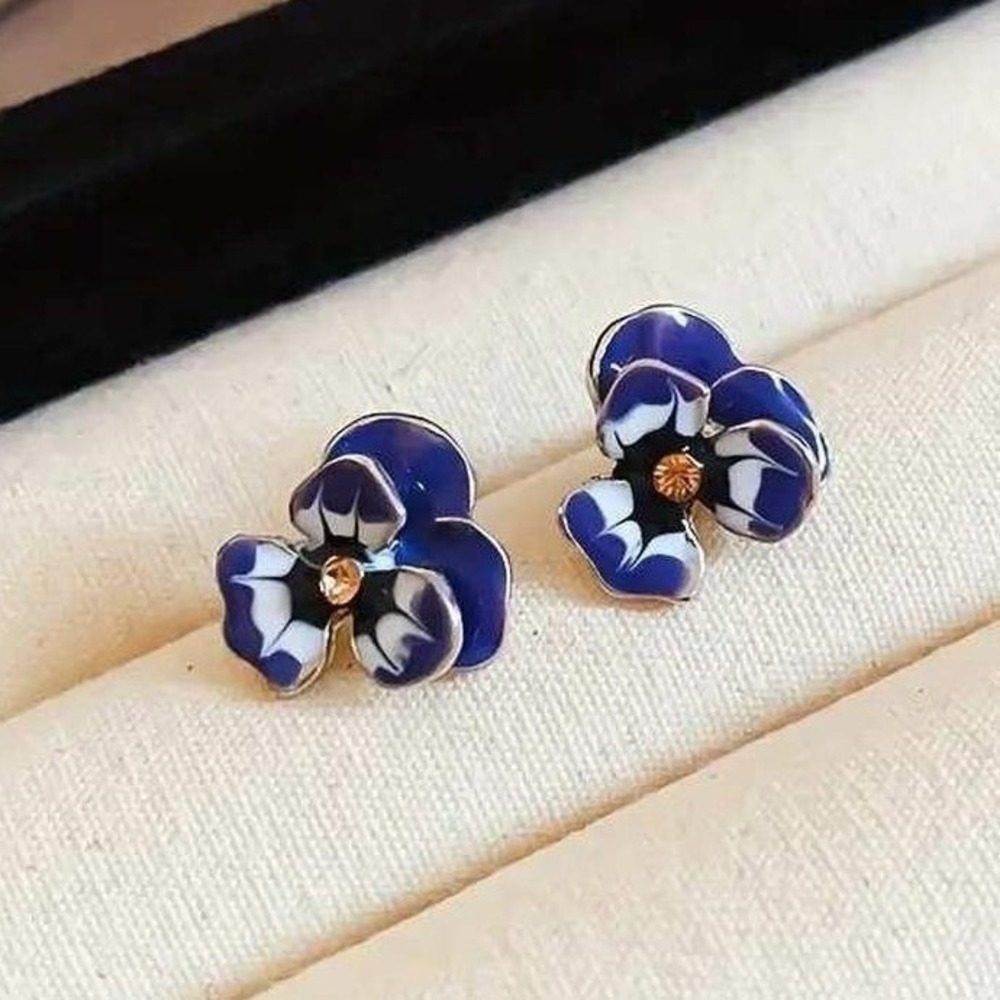 Floral Flower Pansy Stud Earrings Cobalt‎ Blue White Enamel Cute Jewelry